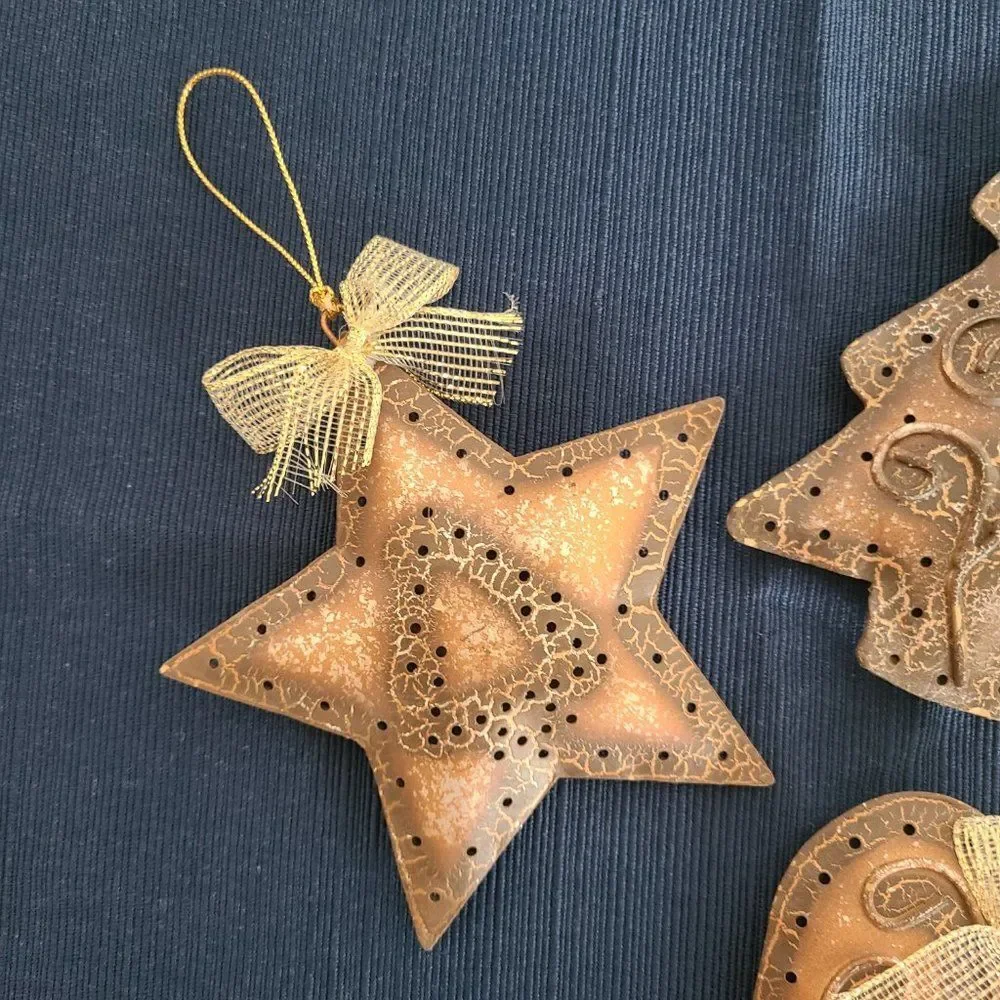 Vintage Textured Metal Holiday Christmas Tree Star Heart Ornaments Set Of Three